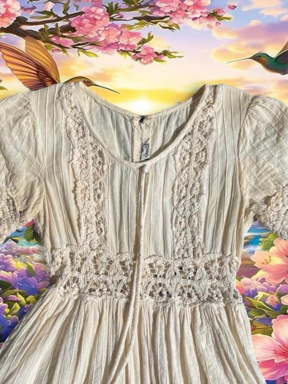 Vintage 1970s Beverly Paige Crochet Lace Prairie Dress cottagecore hippie selkie - Picture 2 of 4